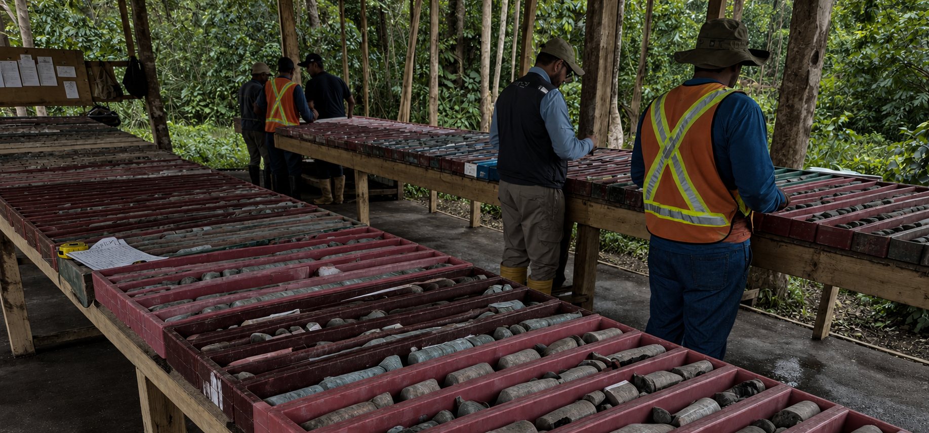Geologists logging drill core in the core shed